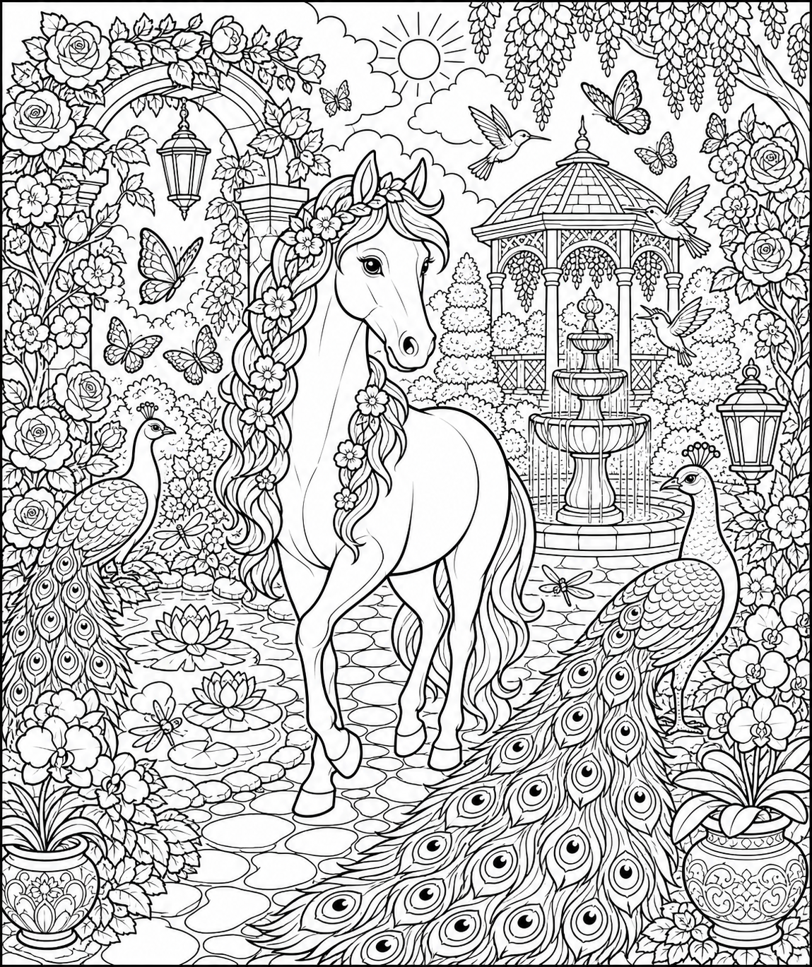 Horse in a Peacock Butterfly Garden — free horse coloring page, printable black and white line art