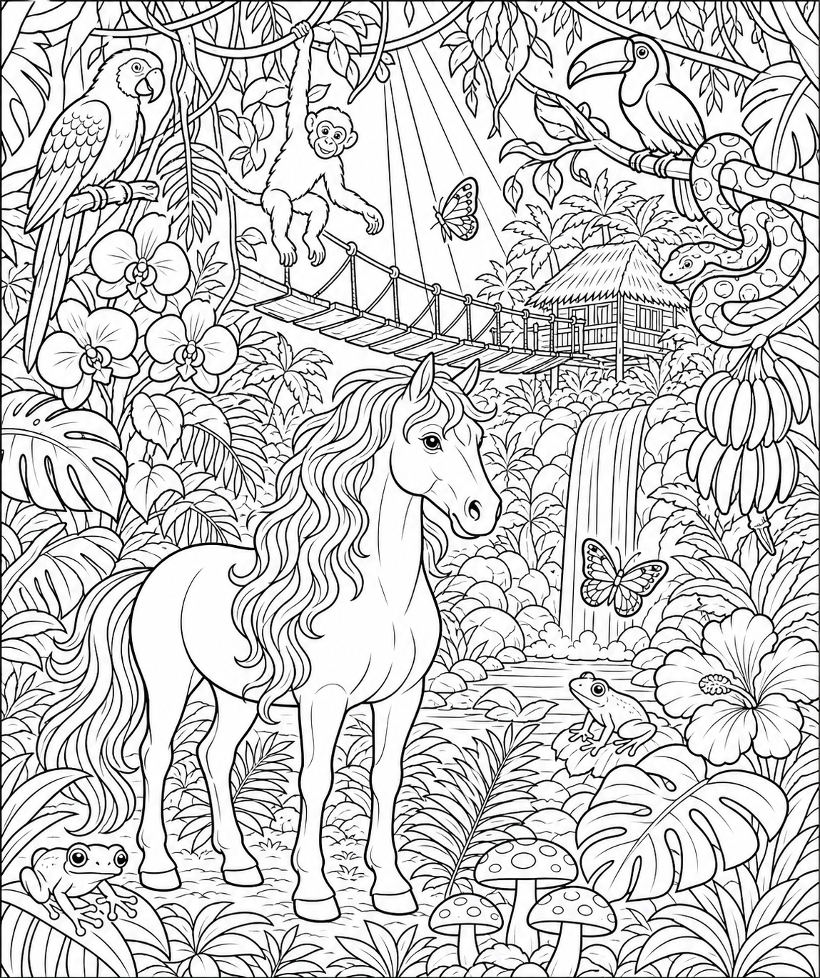 Horse in a Rainforest with Parrots — free horse coloring page, printable black and white line art