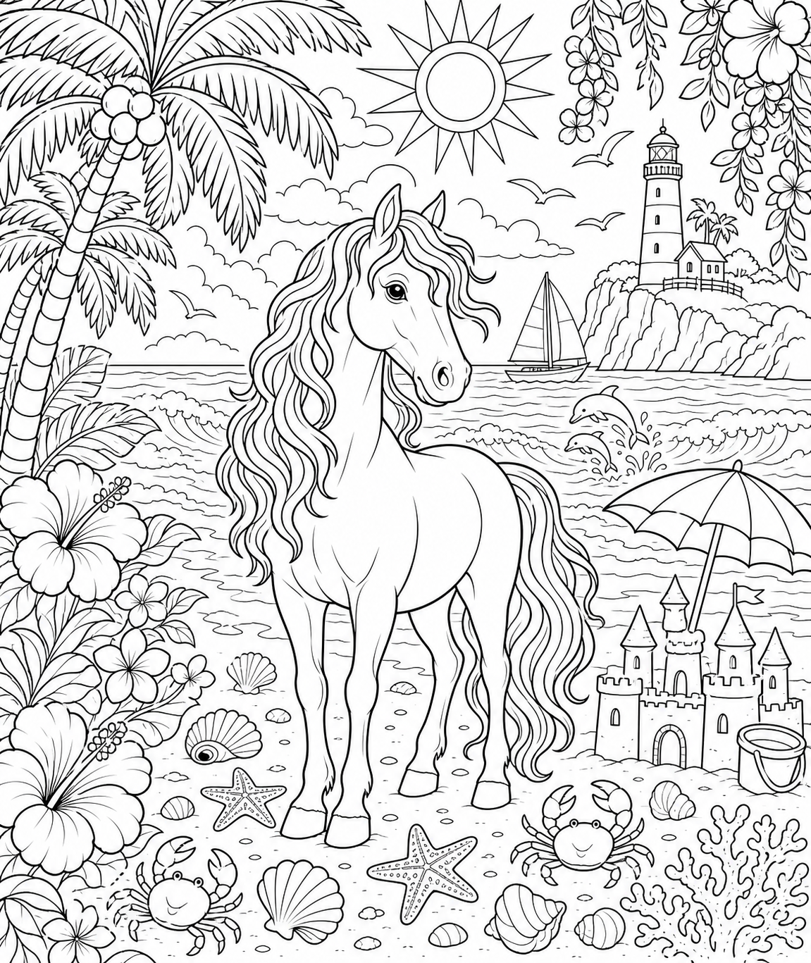 Horse on a Tropical Beach with Palms — free horse coloring page, printable black and white line art
