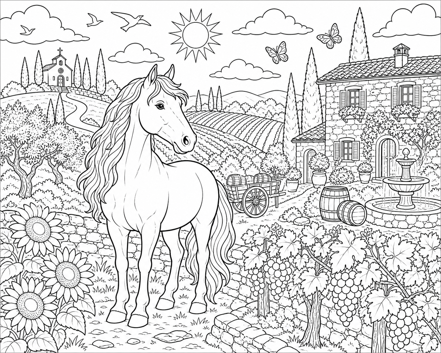 Horse on a Tuscany Vineyard Hillside — free horse coloring page, printable black and white line art