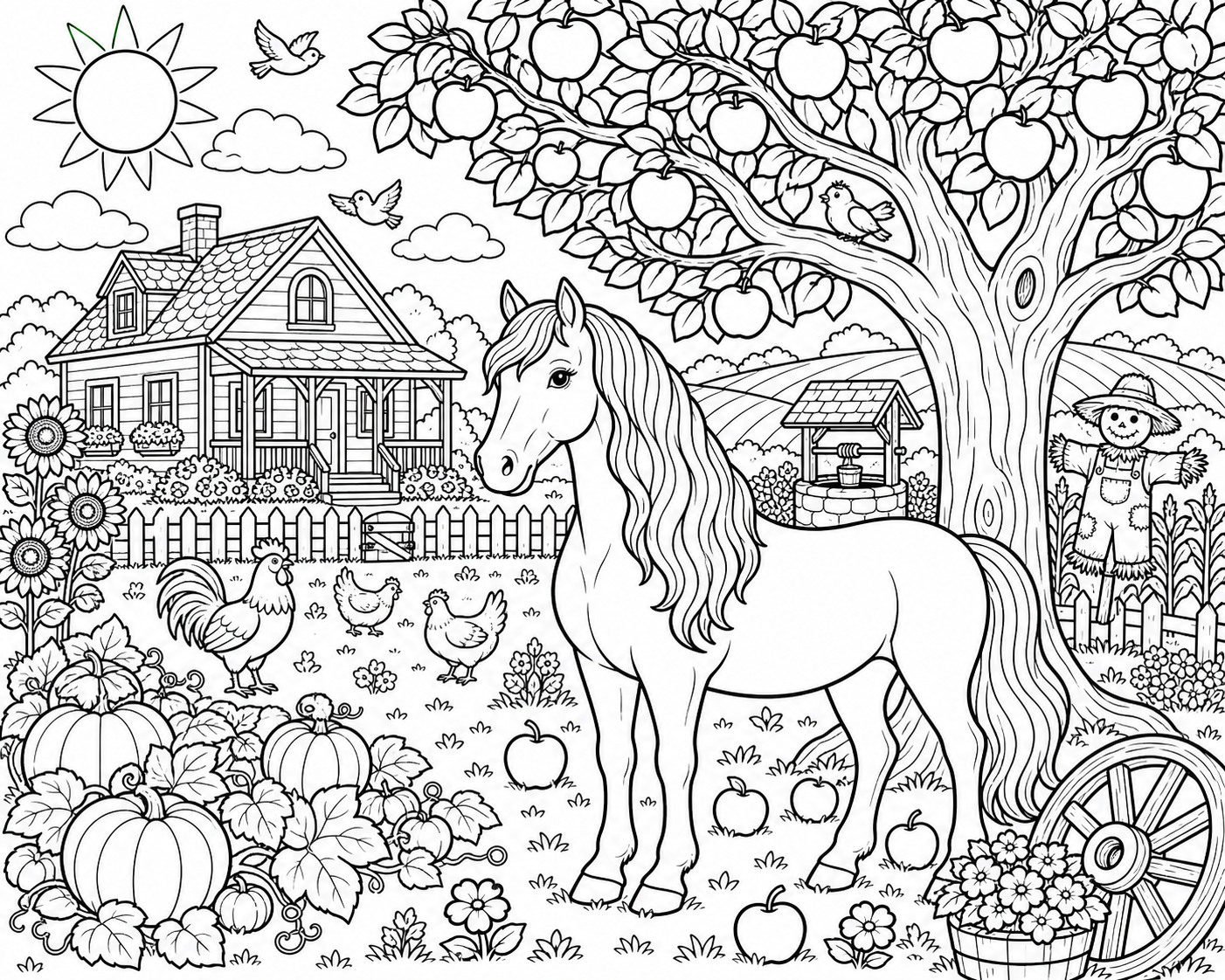 Horse Under an Apple Tree by a Farmhouse — free horse coloring page, printable black and white line art