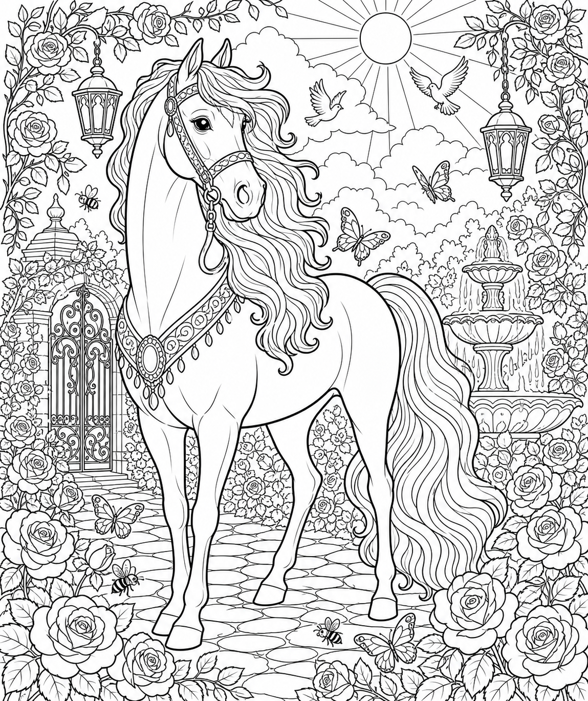 Majestic Arabian Horse in a Rose Garden — free horse coloring page, printable black and white line art