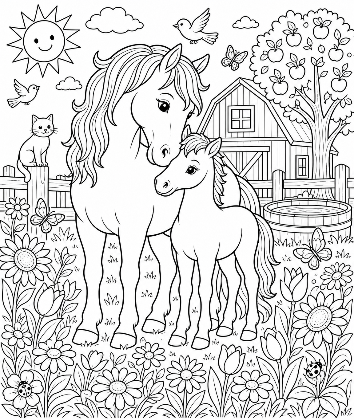 Mare and Foal in a Flower Meadow — free horse coloring page, printable black and white line art