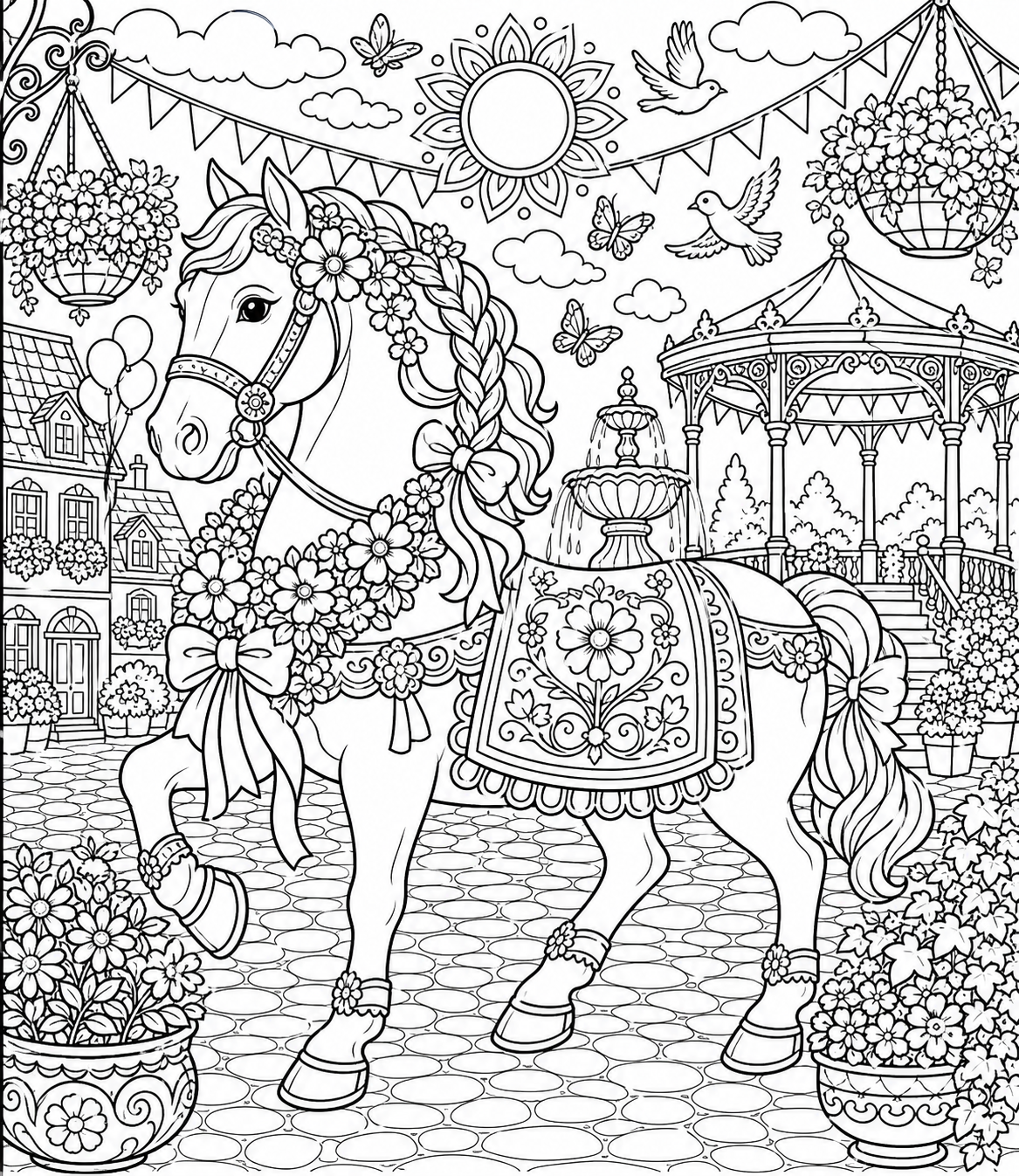 Ornate Parade Horse with Floral Patterns — free horse coloring page, printable black and white line art