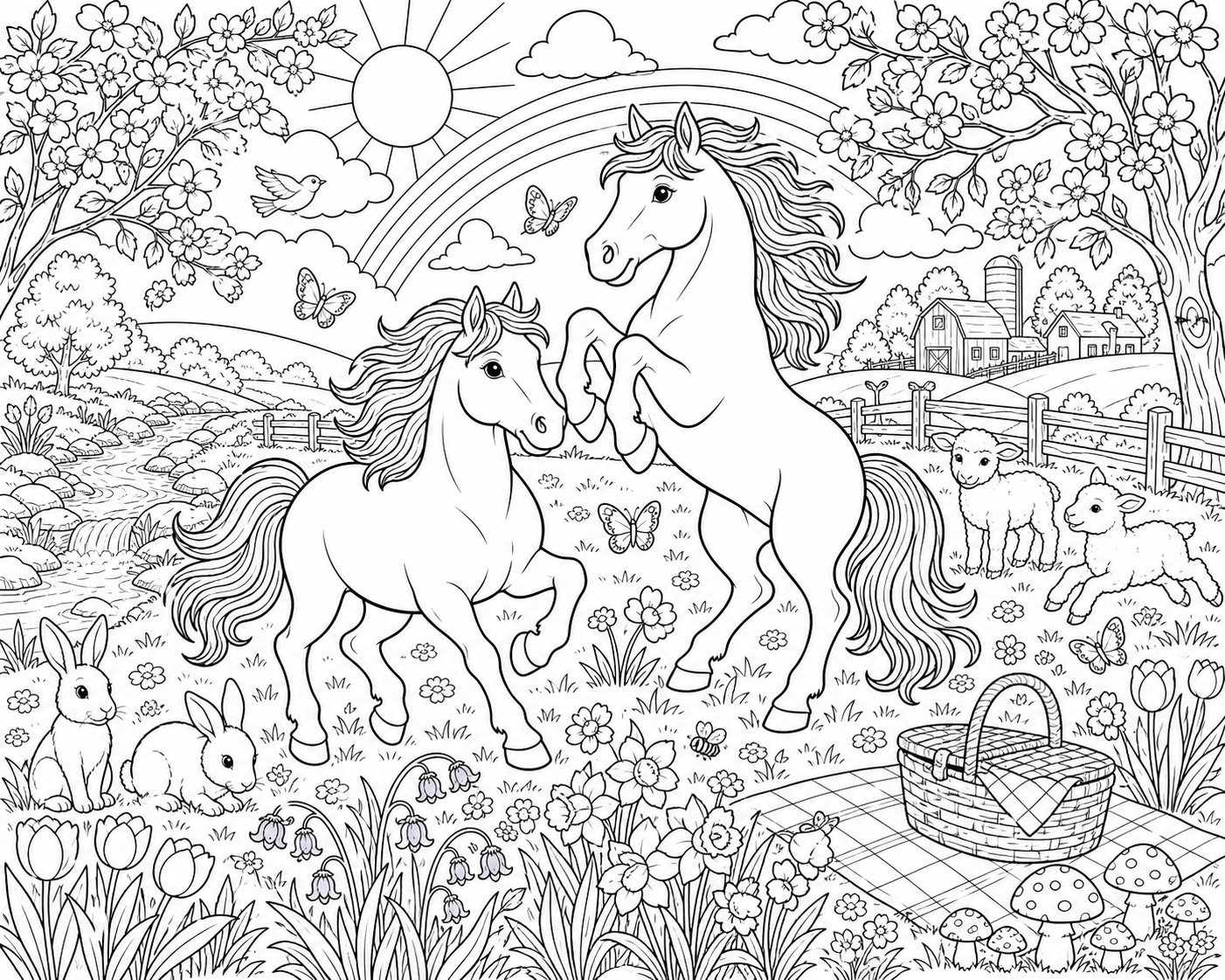 Two Horses Playing in a Spring Meadow — free horse coloring page, printable black and white line art