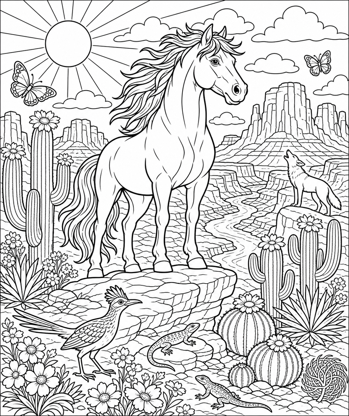 Wild Mustang in a Desert Canyon — free horse coloring page, printable black and white line art