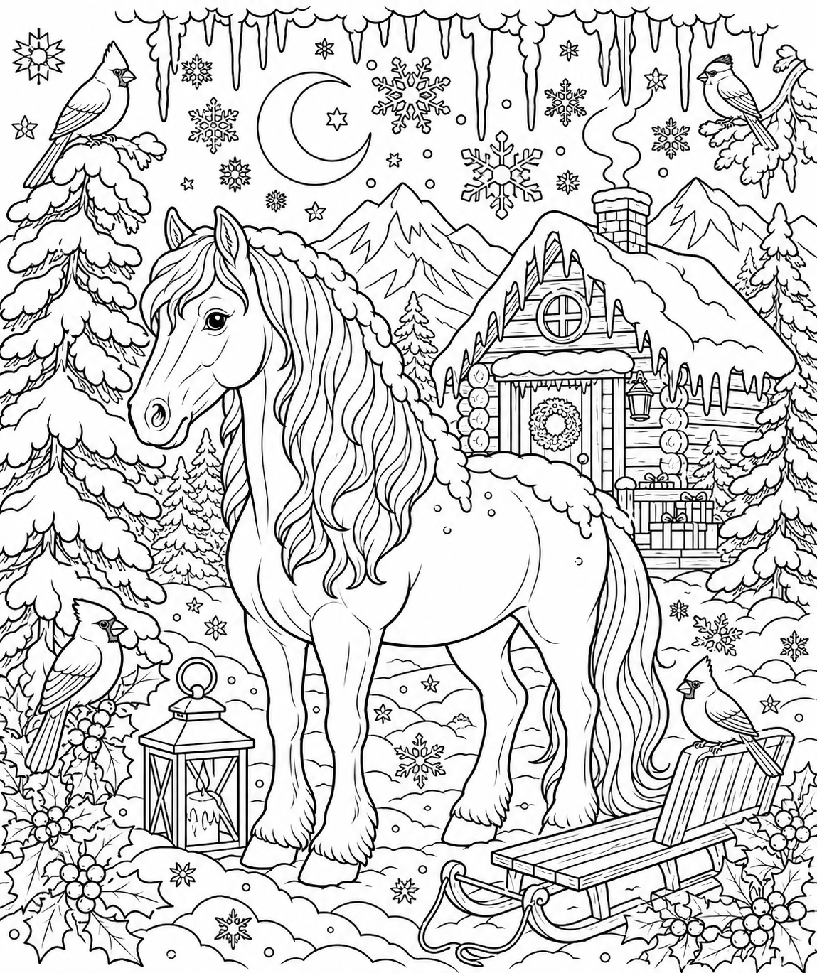 Winter Horse in a Snowy Pine Forest — free horse coloring page, printable black and white line art